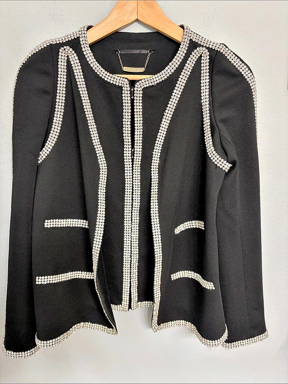 J.ING Black Open-Front Jacket with Radiant Rhinestone Crystal Trim size S